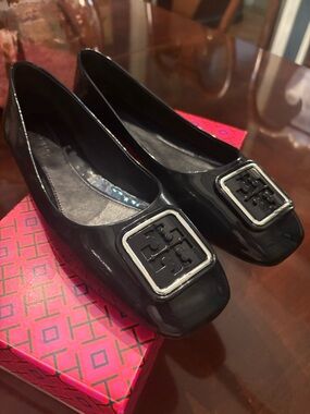 Tory Burch Navy Patent Square-Toe Flats with Silver-Trim Logo